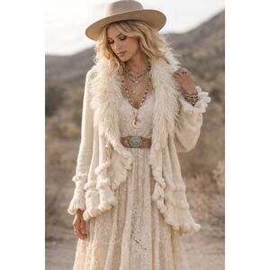 Laseine Cardigan Sweater Women's Size XL Irovy Faux Fur Trim Boho-chic Earthy